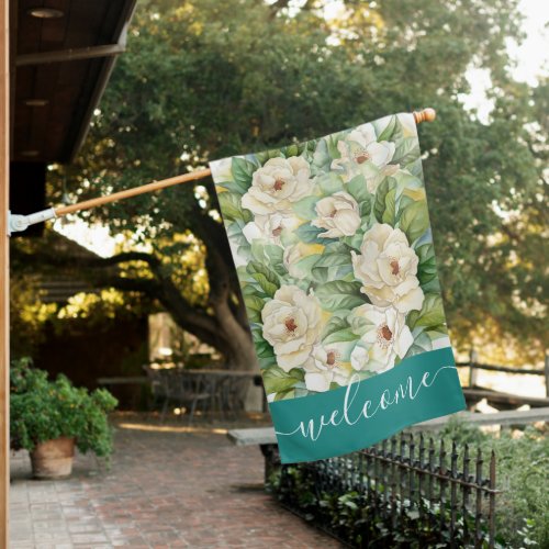 Elegant Magnolia Floral Teal Welcome Script House Flag