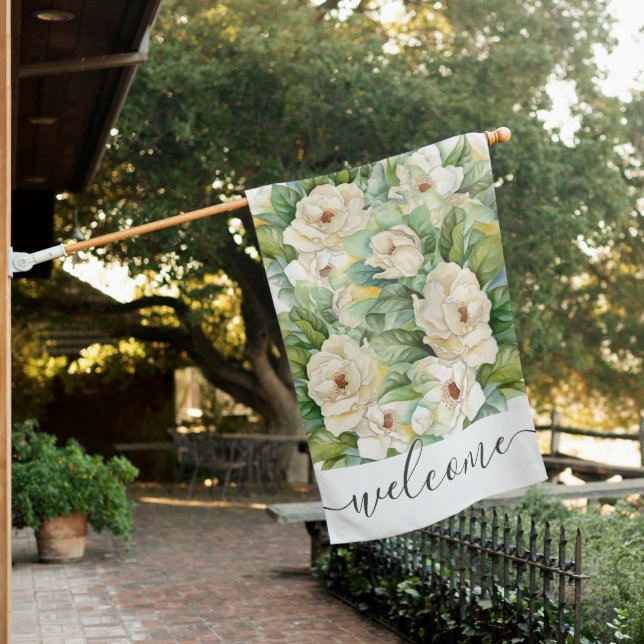 Elegant Magnolia Floral White Welcome Script House Flag (In SItu)