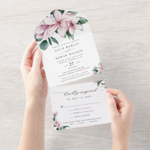 Elegant Magnolia Florals Modern Script Wedding All In One Invitation