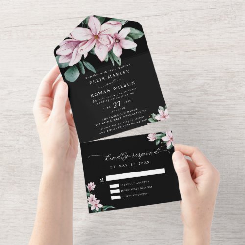 Elegant Magnolia Florals Modern Script Wedding All In One Invitation