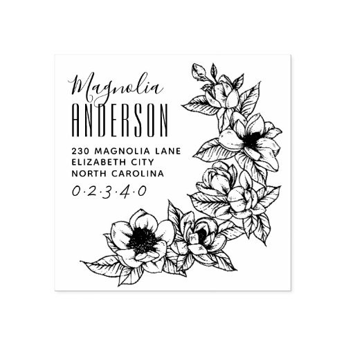 Elegant Magnolia Flower Custom Name Return Address Rubber Stamp