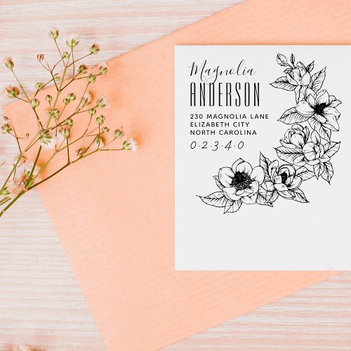 Elegant Magnolia Flower Custom Name Return Address Rubber Stamp