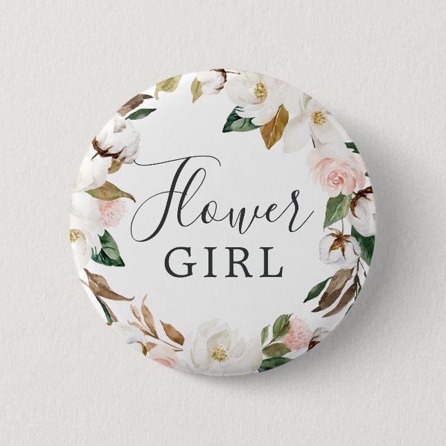 Elegant Magnolia Flower Girl Bridal Shower Button (Front)
