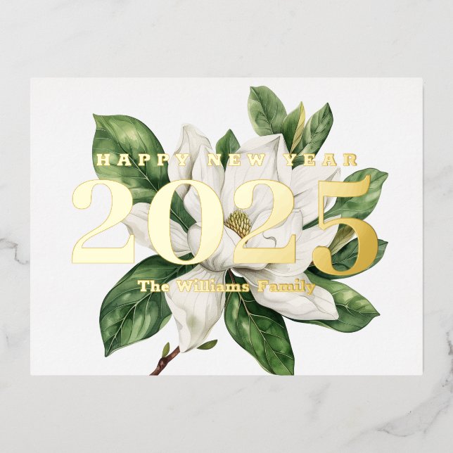 Elegant Magnolia Flower Happy New Year 2026 Gold Foil Holiday Postcard (Front)
