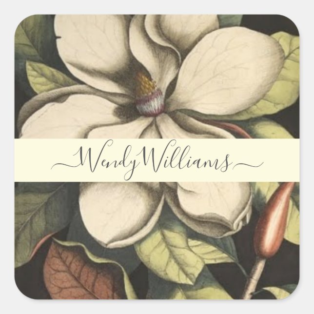 Elegant Magnolia Flower Script Type  Square Sticker (Front)