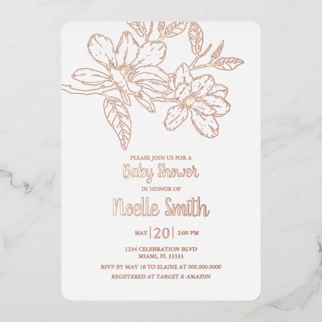 Elegant Magnolia Flowers, Baby Shower Foil Invitation (Front)