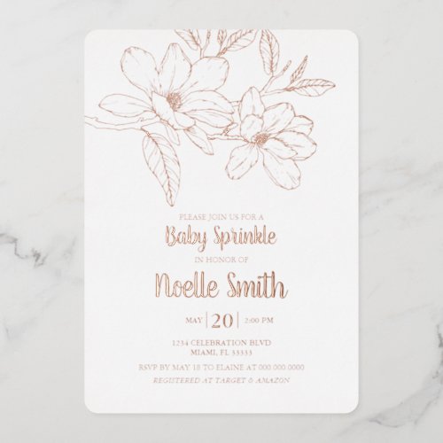 Elegant Magnolia Flowers Baby Sprinkle Foil Invitation