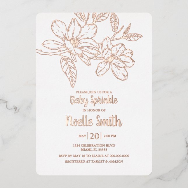 Elegant Magnolia Flowers, Baby Sprinkle Foil Invitation (Front)