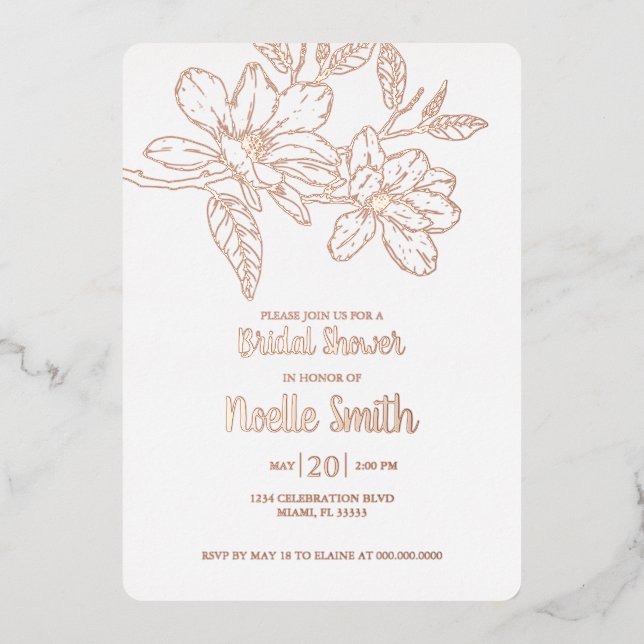 Elegant Magnolia Flowers, Bridal Shower Foil Invitation (Front)