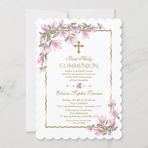 Elegant Magnolia Flowers Gold First Holy Communion Invitation