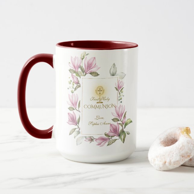 Elegant Magnolia Flowers Gold First Holy Communion Mug (With Donut)