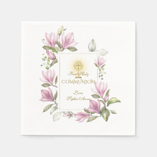 Elegant Magnolia Flowers Gold First Holy Communion Napkins
