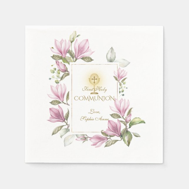 Elegant Magnolia Flowers Gold First Holy Communion Napkins (Front)