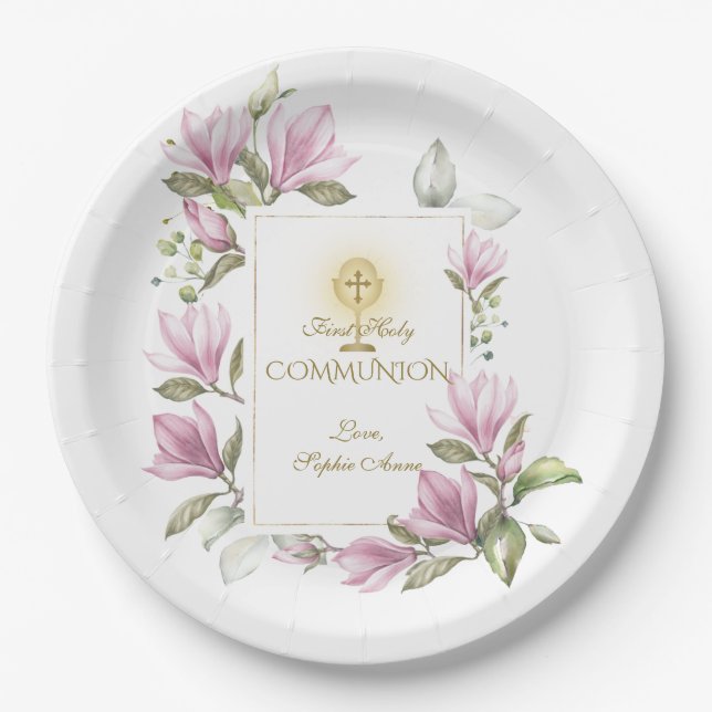 Elegant Magnolia Flowers Gold First Holy Communion Paper Plates (Front)