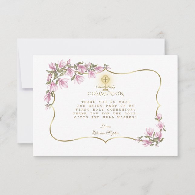 Elegant Magnolia Flowers Gold First Holy Communion Thank You Card (Front)