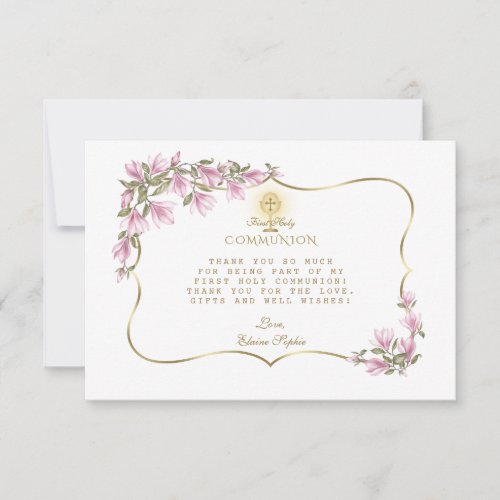 Elegant Magnolia Flowers Gold First Holy Communion Thank You Card