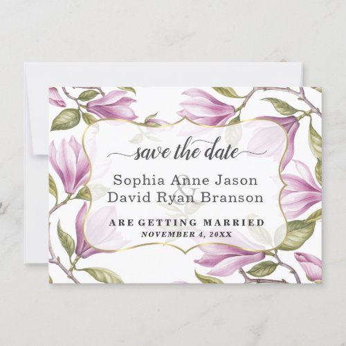 Elegant Magnolia Flowers Gold Wedding Calligraphy Save The Date