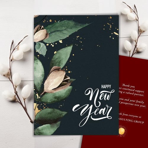 Elegant Magnolia Gold Confetti Foliage Corporate Holiday Card