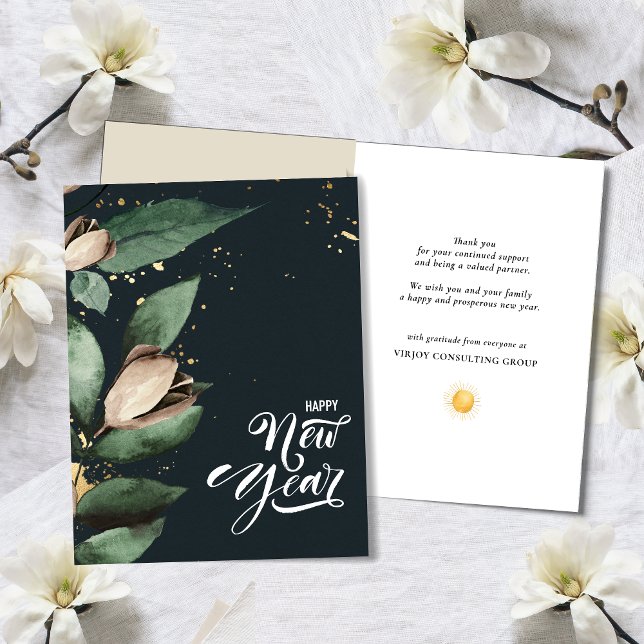 Elegant Magnolia Gold Confetti Foliage Corporate  Holiday Card (Creator Uploaded)