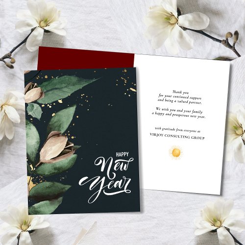 Elegant Magnolia Gold Confetti Foliage Corporate  Holiday Card