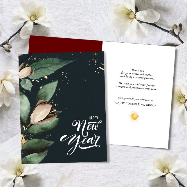 Elegant Magnolia Gold Confetti Foliage Corporate  Holiday Card (Creator Uploaded)