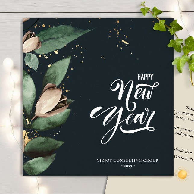 Elegant Magnolia Gold Confetti Foliage Corporate Holiday Card (Creator Uploaded)