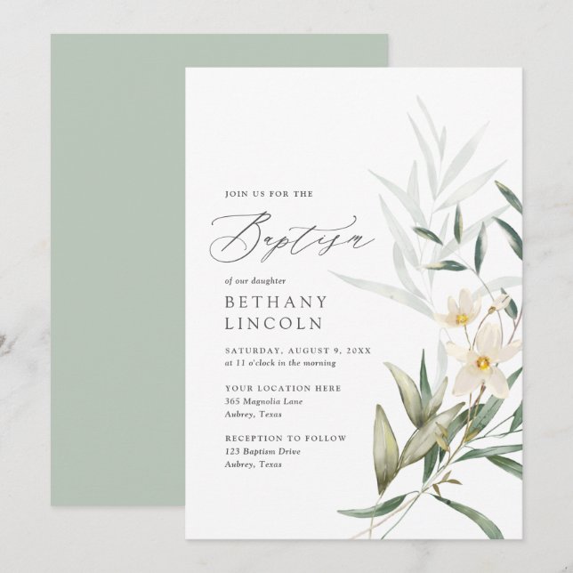 Elegant Magnolia Greenery Baptism Invitation (Front/Back)