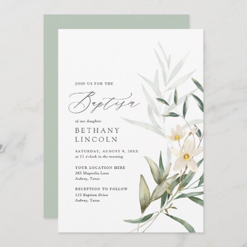 Elegant Magnolia Greenery Baptism Invitation