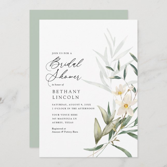 Elegant Magnolia Greenery Bridal Shower Invitation (Front/Back)