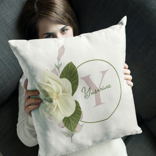Elegant Magnolia Initial Monogram  Throw Pillow