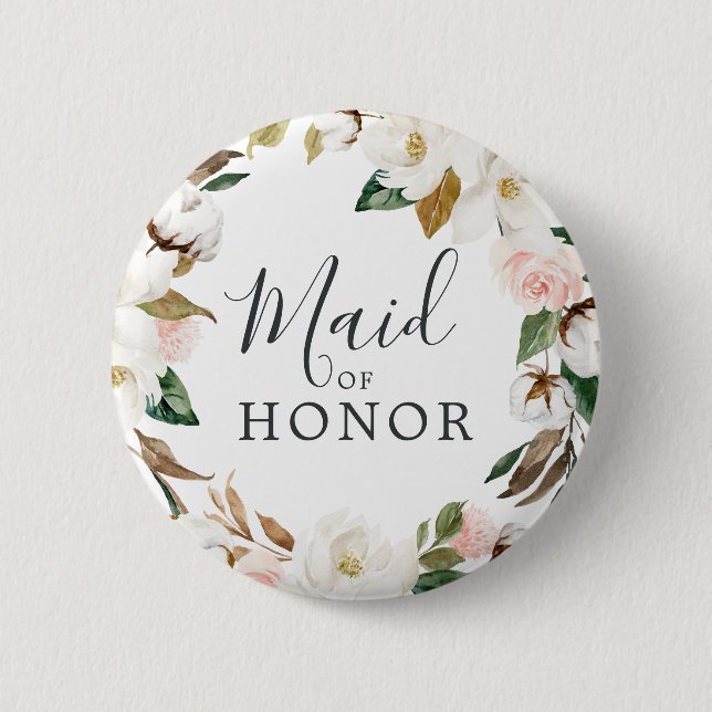 Elegant Magnolia Maid of Honor Bridal Shower Button (Front)