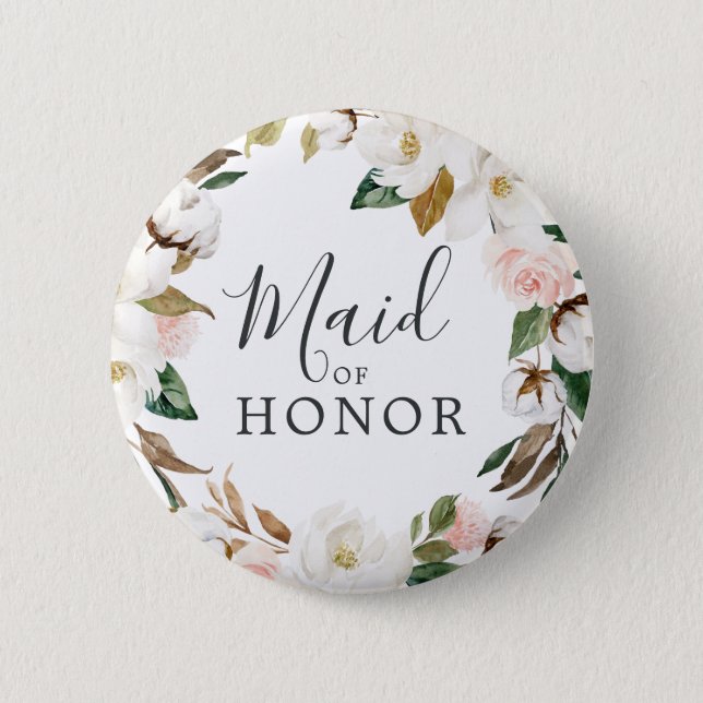 Elegant Magnolia Maid of Honor Bridal Shower Button (Front)