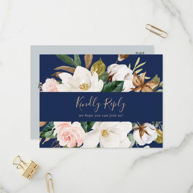 Elegant Magnolia Navy Song Request RSVP Postcard (Front/Back In Situ)