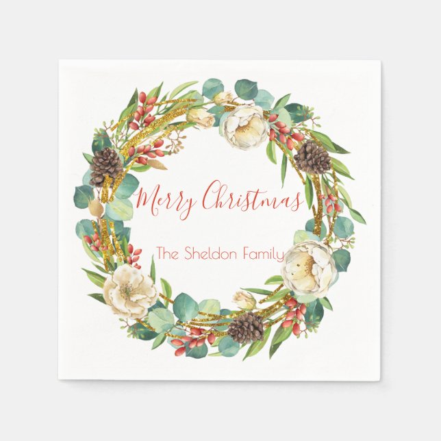 Elegant Magnolia, Pine and Berries Holiday Wreath Napkins (Front)