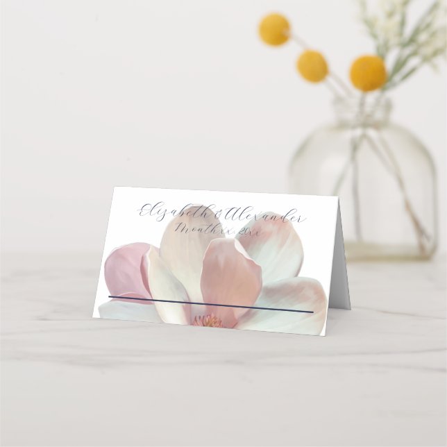 Elegant Magnolia Pink and White Wedding Place Card (Front)