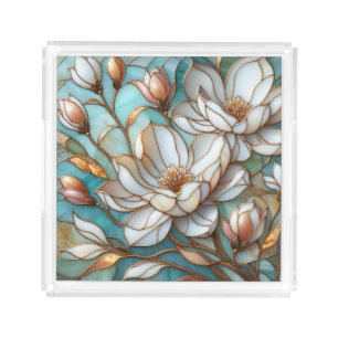 Elegant Magnolia Stained Glass Floral Mosaic Art Acrylic Tray