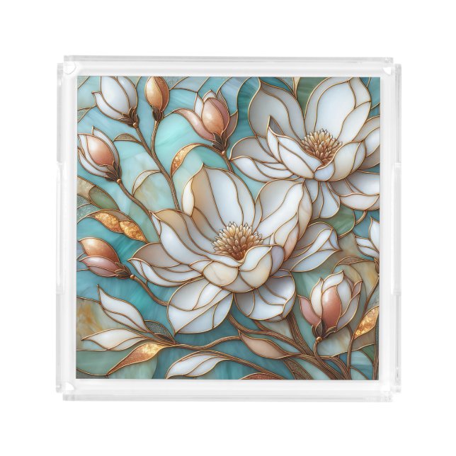 Elegant Magnolia Stained Glass Floral Mosaic Art Acrylic Tray (Front)