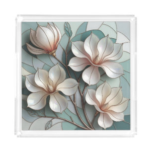 Elegant Magnolia Stained Glass Floral Mosaic Art Acrylic Tray