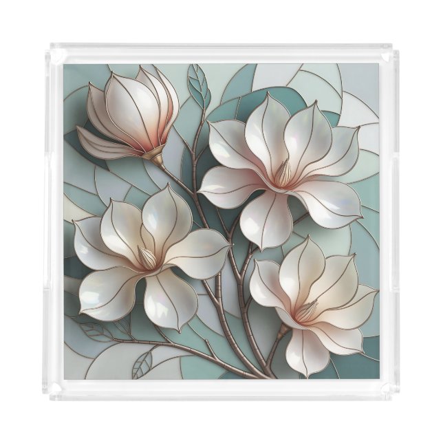 Elegant Magnolia Stained Glass Floral Mosaic Art Acrylic Tray (Front)