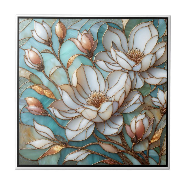 Elegant Magnolia Stained Glass Floral Mosaic Art Ceramic Tile (Front)