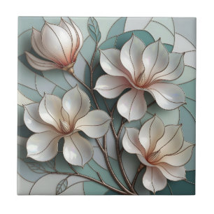 Elegant Magnolia Stained Glass Floral Mosaic Art Ceramic Tile