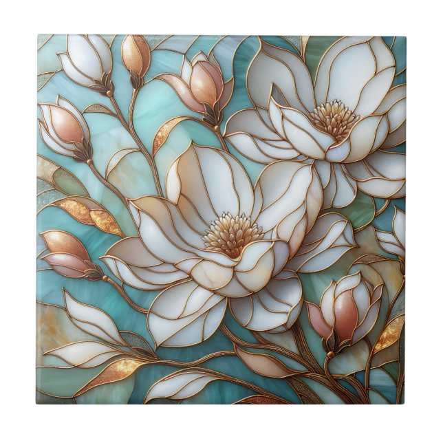 Elegant Magnolia Stained Glass Floral Mosaic Art Ceramic Tile (Front)