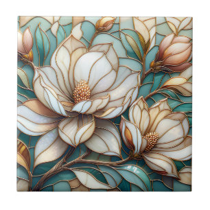 Elegant Magnolia Stained Glass Floral Mosaic Art Ceramic Tile