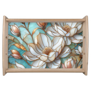 Elegant Magnolia Stained Glass Floral Mosaic Art Serving Tray