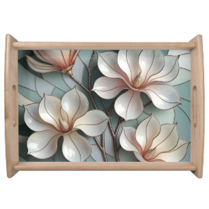 Elegant Magnolia Stained Glass Floral Mosaic Art Serving Tray
