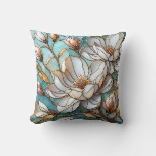 Elegant Magnolia Stained Glass Floral Mosaic Art Throw Pillow
