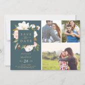 Elegant Magnolia | Teal 3 Photo Save the Date Magnetic Invitation (Front)