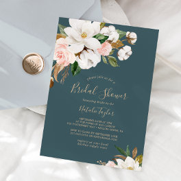 Elegant Magnolia Teal and White Bridal Shower Invitation