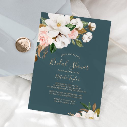 Elegant Magnolia  Teal and White Bridal Shower Invitation