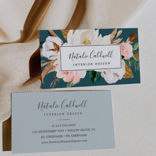 Elegant Magnolia  Teal and White Business Card